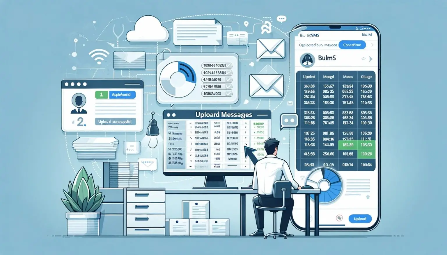 DALL·E 2024-01-20 11.41.45 - An informative image illustrating the process of uploading bulk SMS messages. The image shows a step-by-step depiction_ 1. A person sitting at a compu